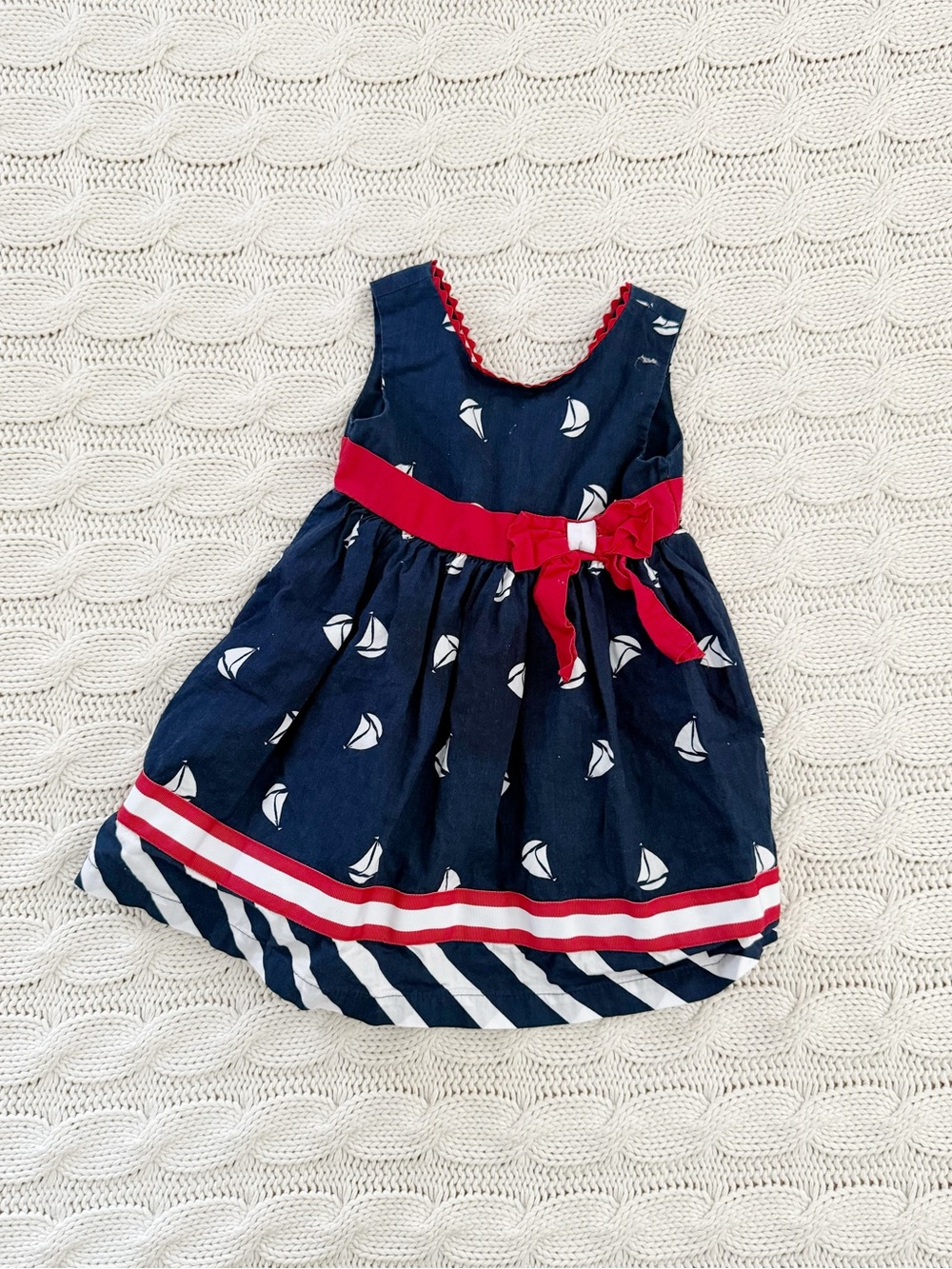Blueberi Boulevard Navy Sailboat Print Dress with Red Bow